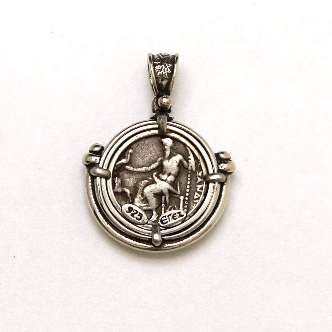 Sterling Silver Pendant, Alexander the Great, Heracles/Zues, Ancient Greek Drachm Coin, ID13059