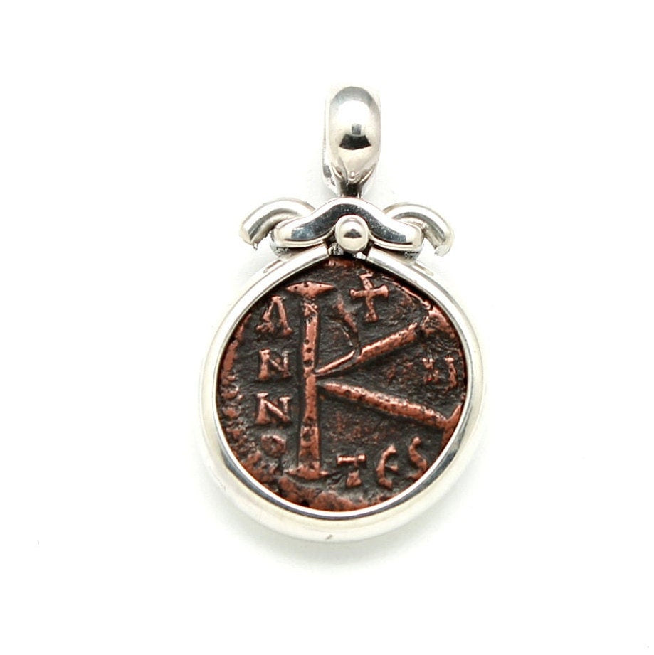 Sterling Silver Pendant, Byzantine K, Justinian II, 20 Nummia Ancient Bronze Coin, 7260