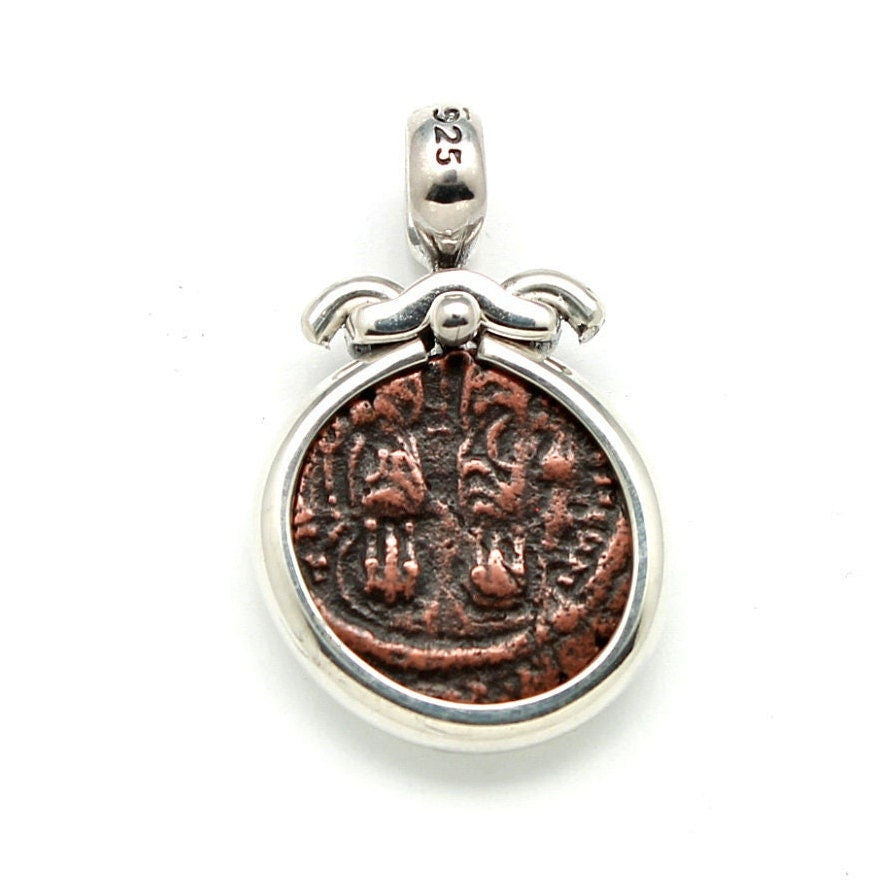 Sterling Silver Pendant, Byzantine K, Justinian II, 20 Nummia Ancient Bronze Coin, 7260