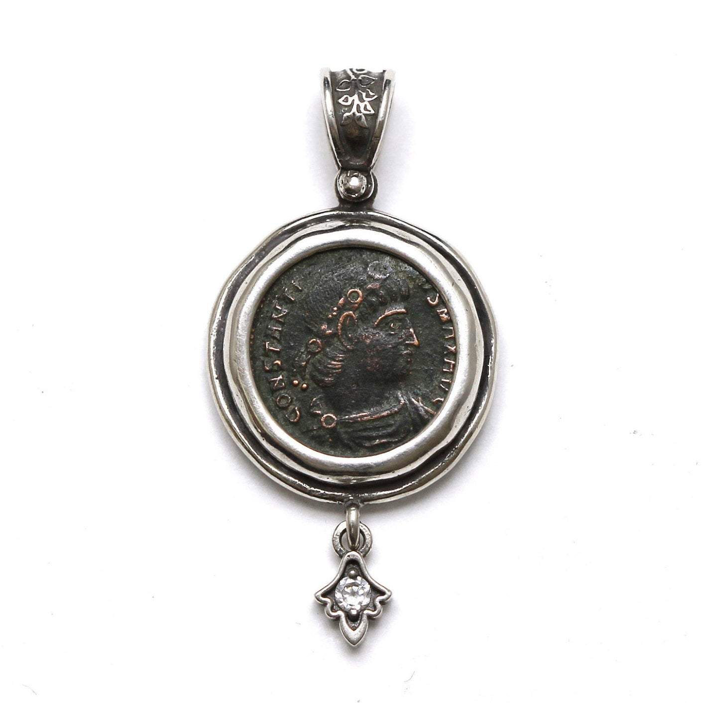 Sterling Silver Pendant, CZ Accent, Constantine I, Roman Coin, 7068