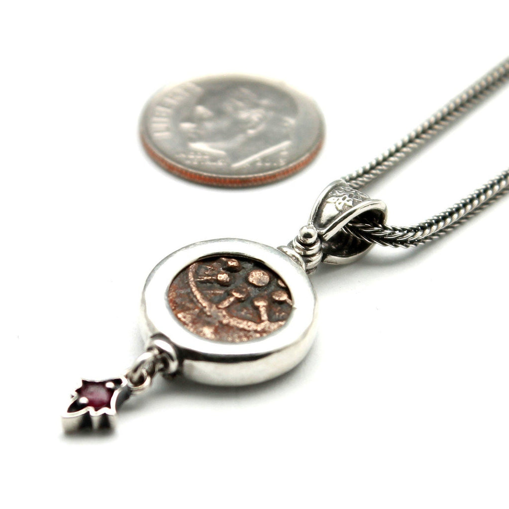 Sterling Silver Pendant, Garnet Accent, Widows Mite, Ancient Prutah Coin, 7237