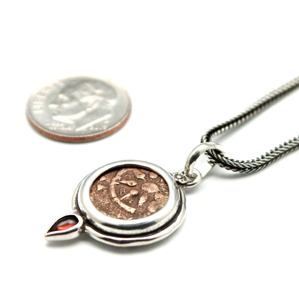 Sterling Silver Pendant, Garnet Accent, Widows Mite, Ancient Prutah Coin, 7239