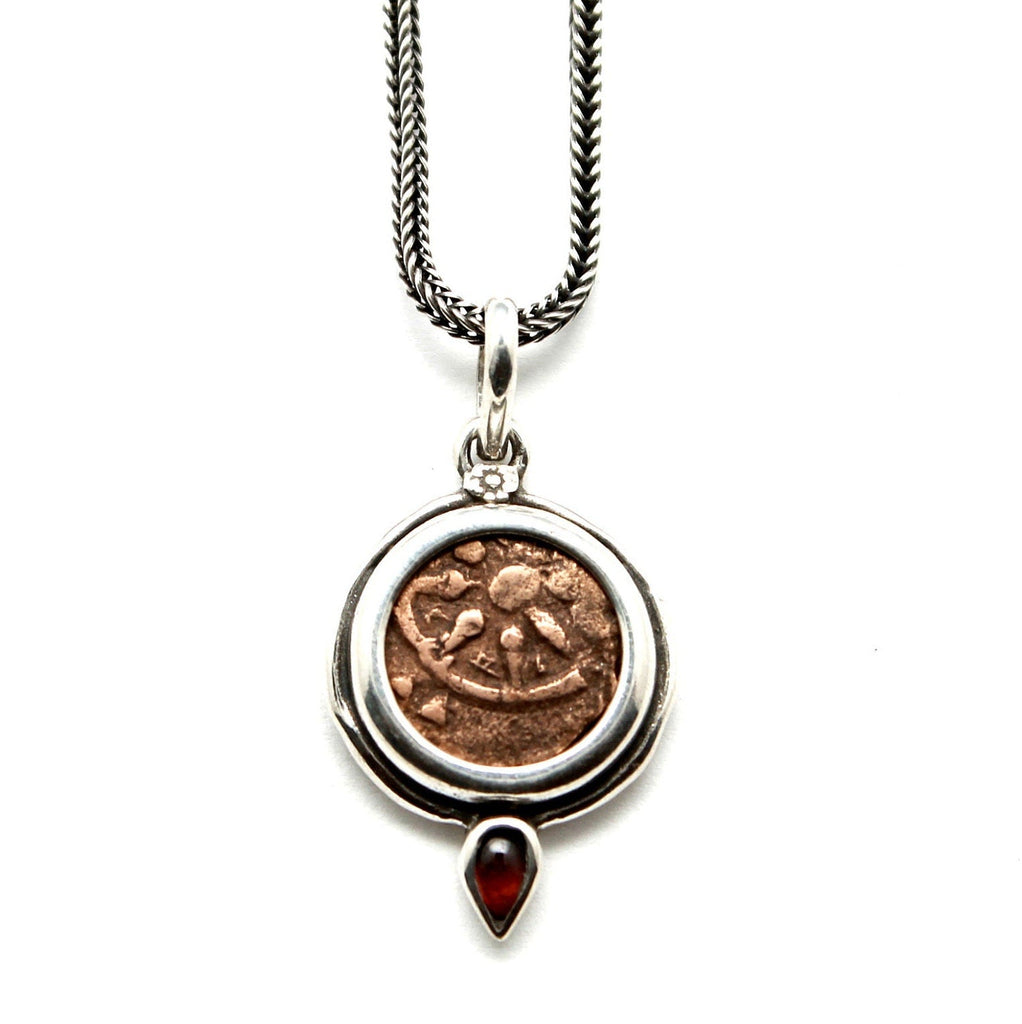 Sterling Silver Pendant, Garnet Accent, Widows Mite, Ancient Prutah Coin, 7239