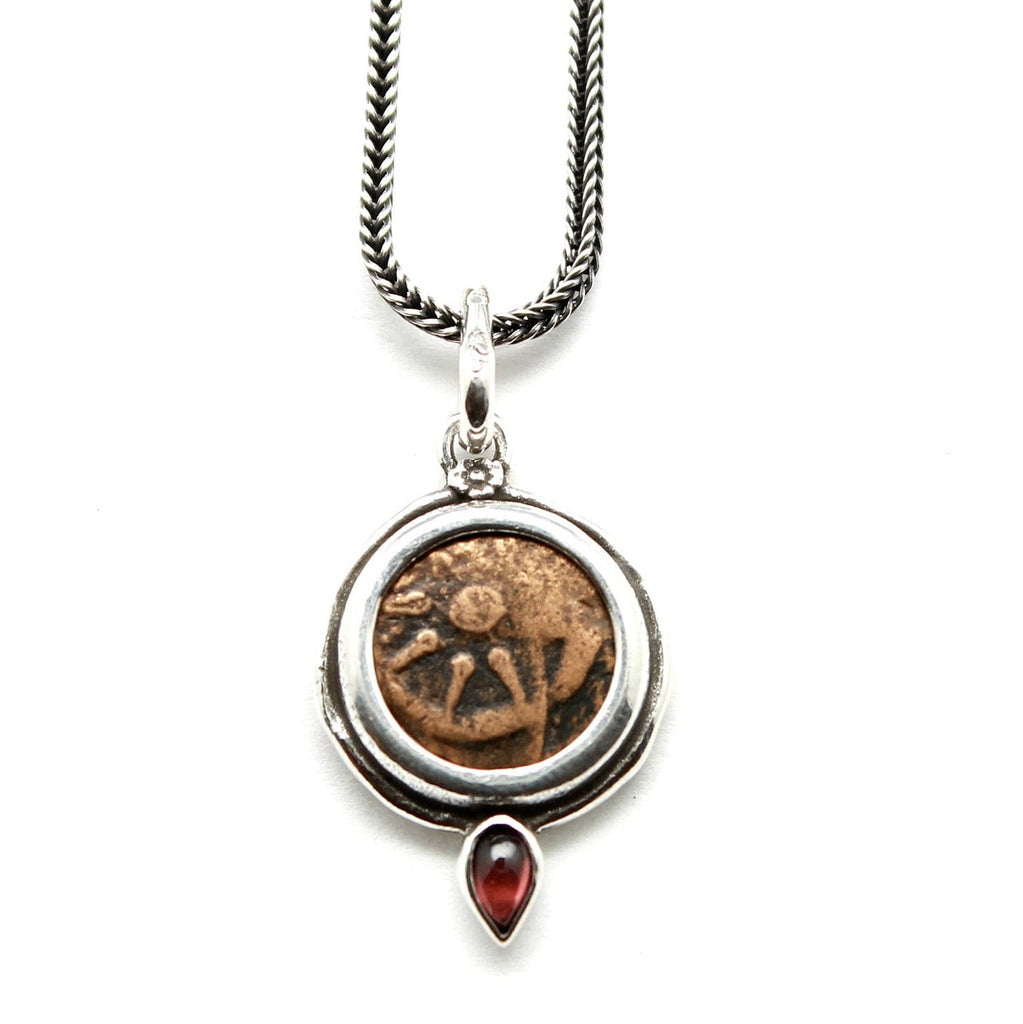 Sterling Silver Pendant, Garnet Accent, Widows Mite, Ancient Prutah Coin, 7243