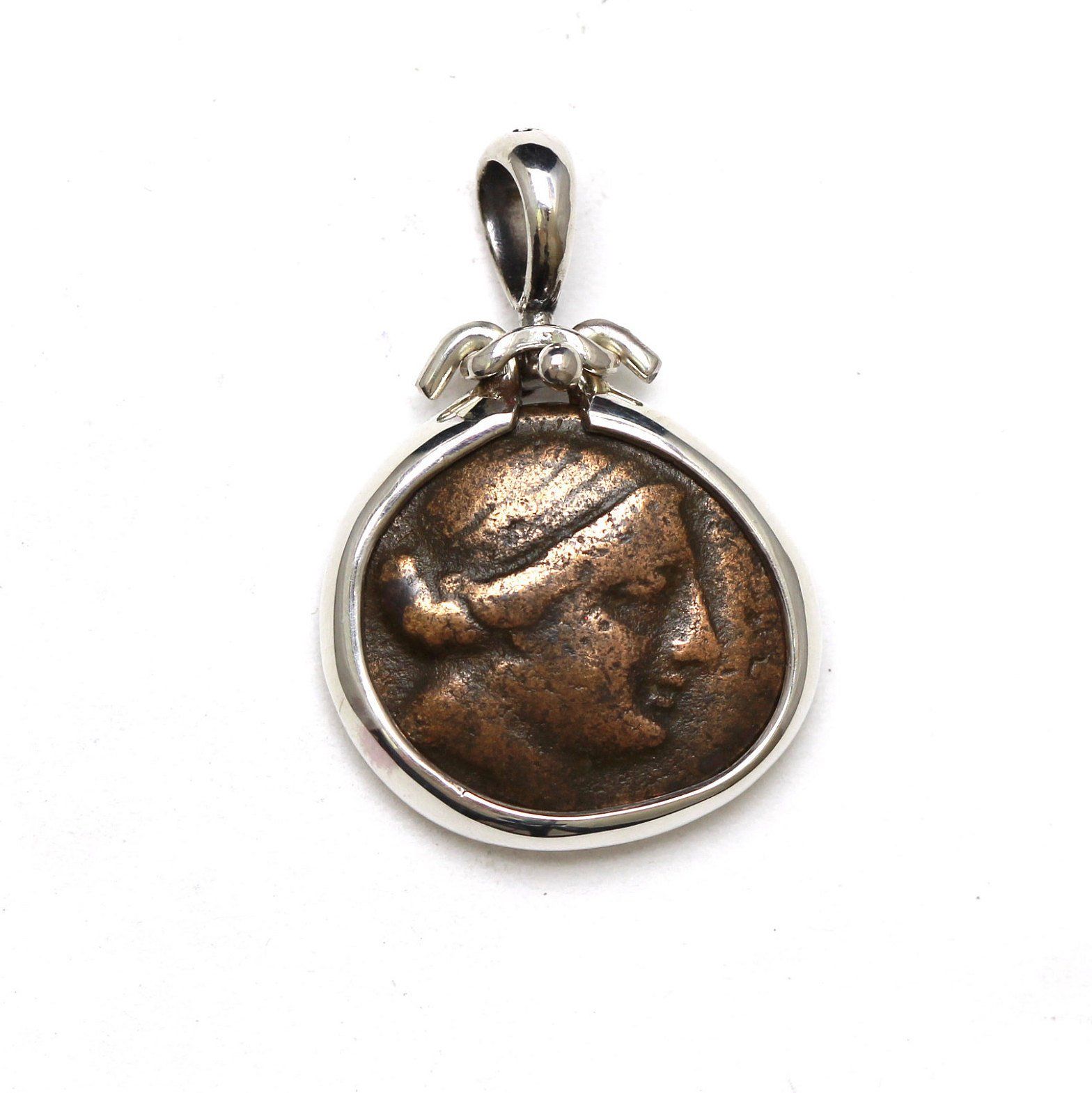 Sterling Silver Pendant, Greek Horse, Kyme, Ancient Bronze Coin, 7133