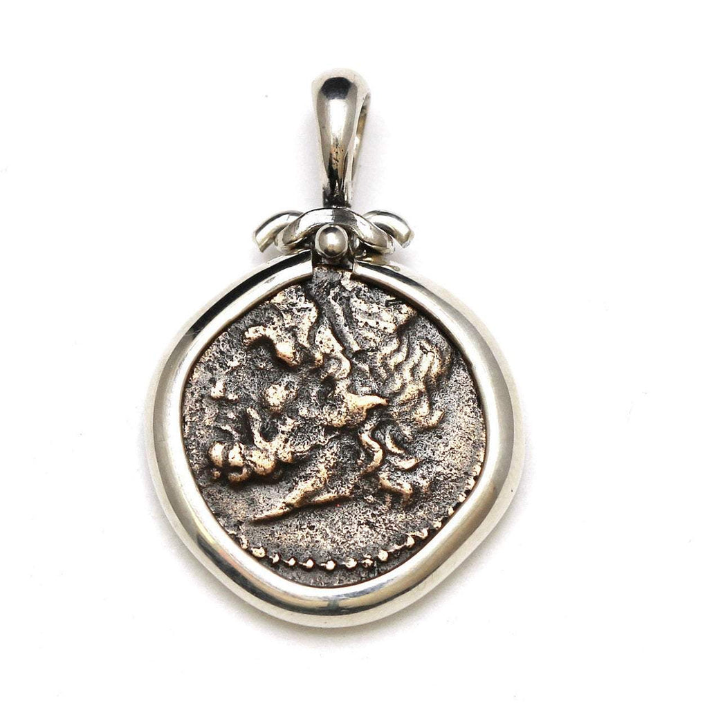 Sterling Silver Pendant, Hieron II, Poseidon and Triden, Ancient Bronze Coin, 7047
