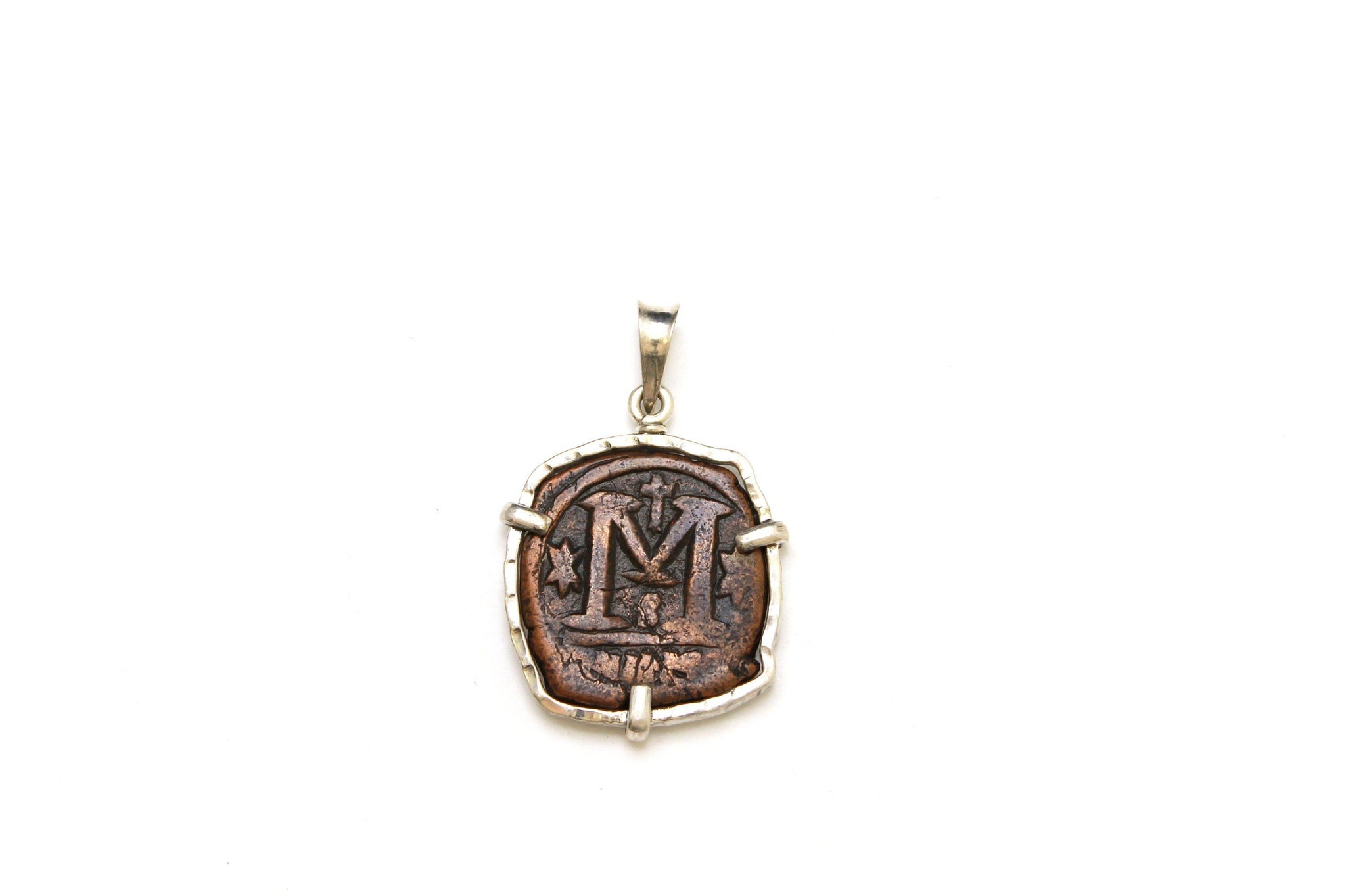 Sterling Silver Pendant, "M", 40 Nummia Bronze Byzantine Coin, 7026