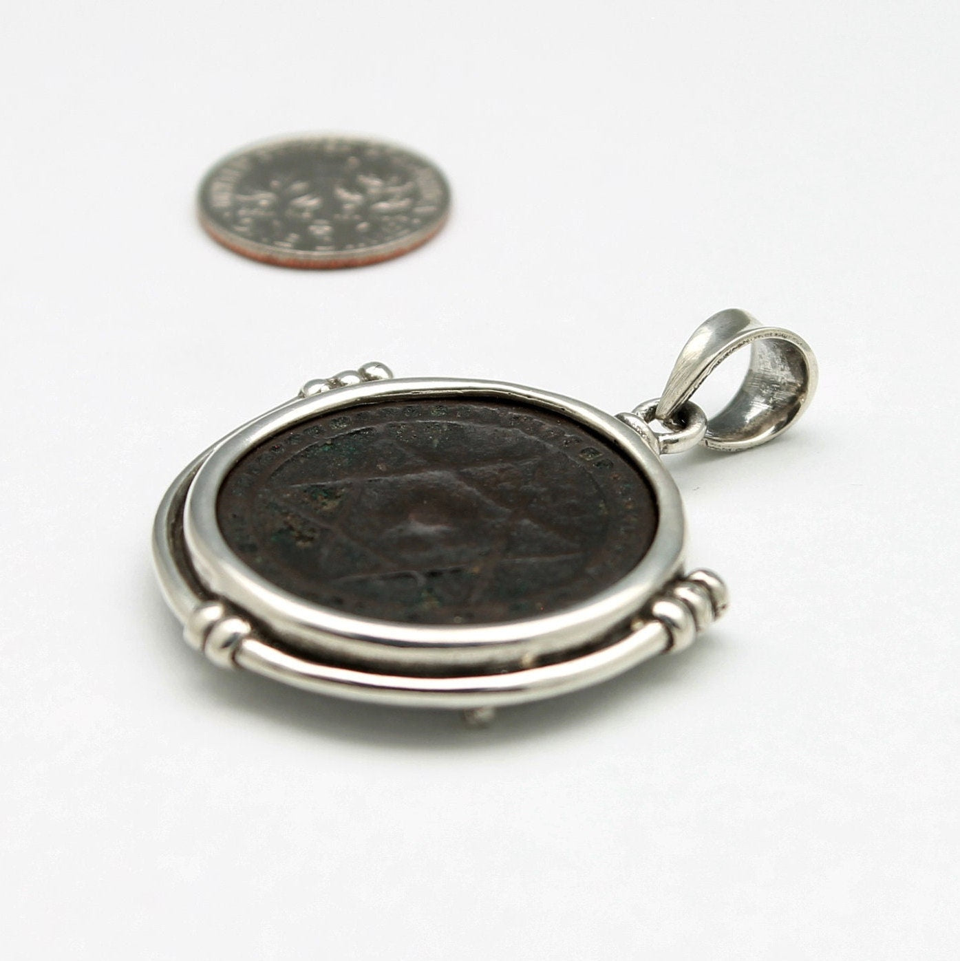 Sterling Silver Pendant, Moroccan Falus Coin, Genuine Ancient Coin, 7308