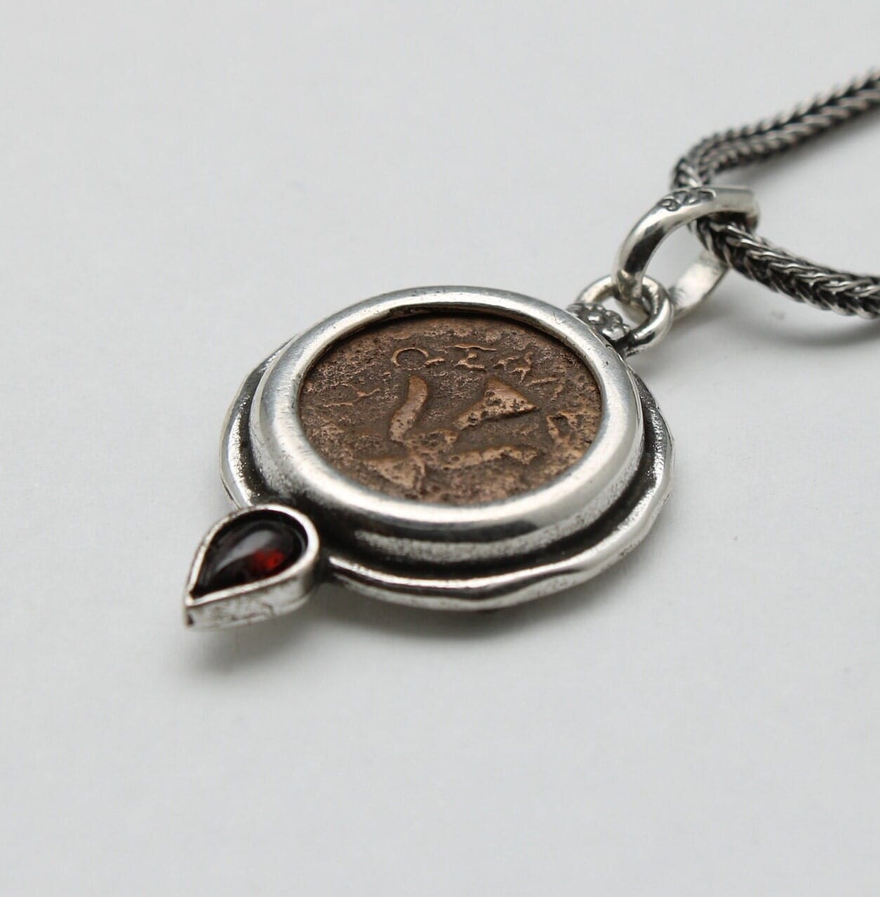 Widows Mite Prutah Coin, Silver Pendant with Garnet, 00211 – Erez