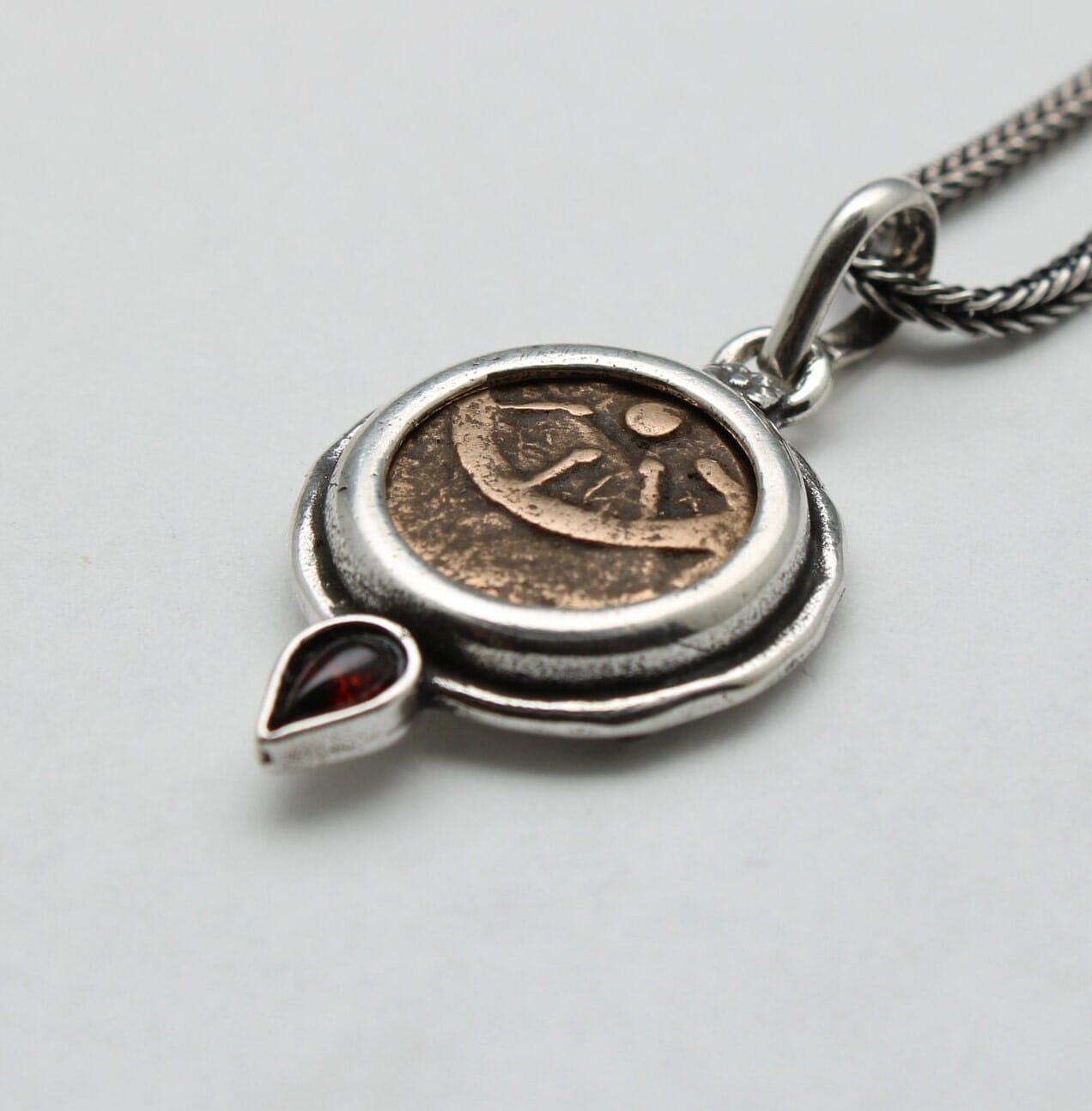Widows Mite Prutah Coin, Silver Pendant with Garnet, 00212 – Erez