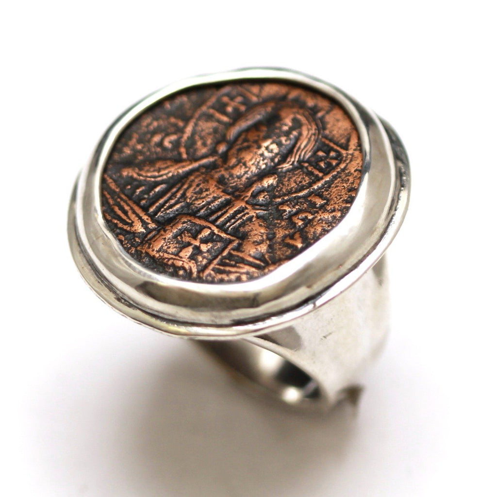 Sterling Silver Ring, Anonymous Folles, Jesus Christ Portrait, Ancient Byzantine Bronze Coin, ID13351 - Erez Ancient Coin Jewelry 