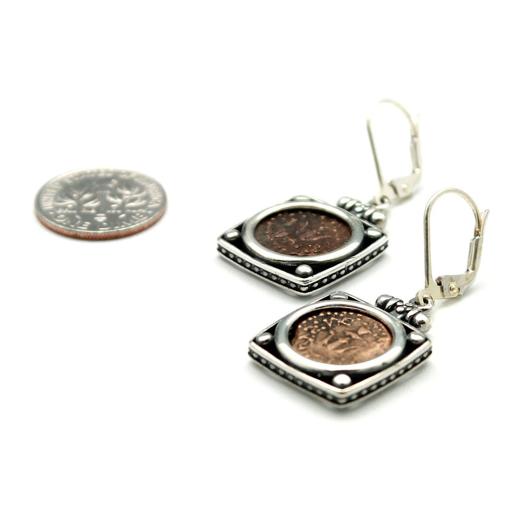 Sterling Silver Square Earrings, Widows Mite Prutah Coins, 8025