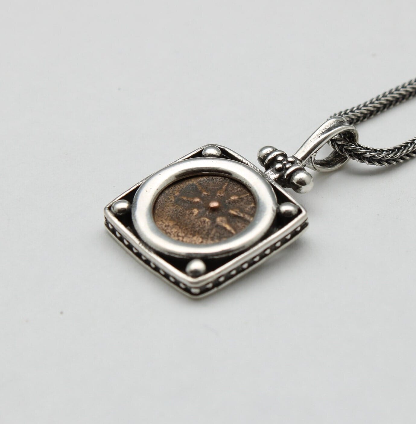 Sterling Silver Square Pendant, Widows Mite, Ancient Prutah Coin, 00207
