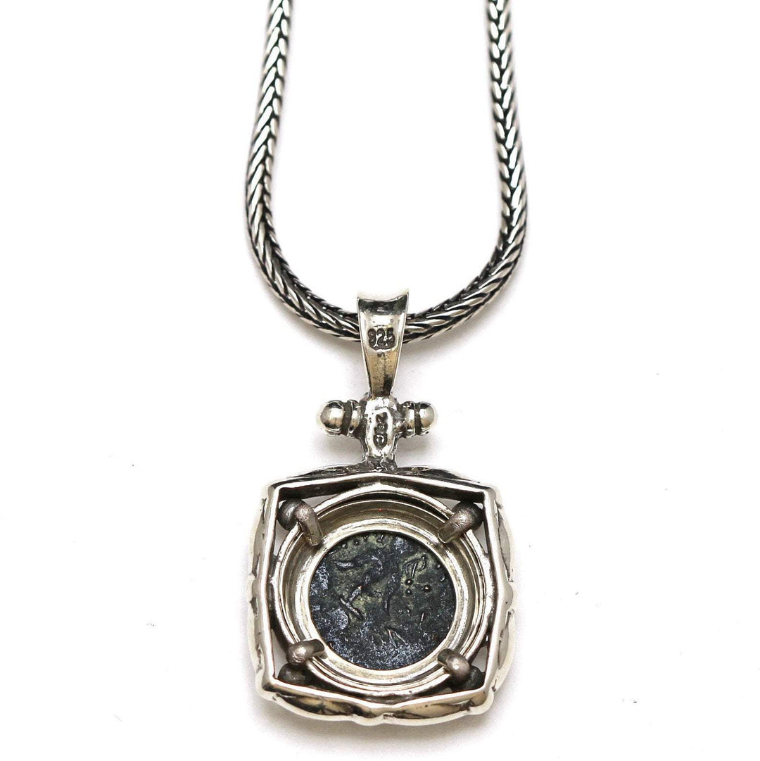 Sterling Silver Square Pendant, Widows Mite Prutah Coin, Original Patina, 7052