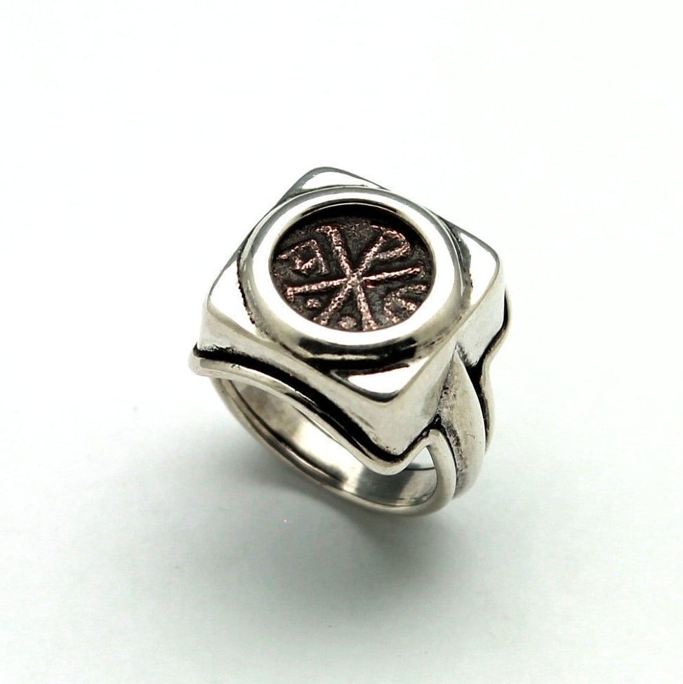 Sterling Silver Square Ring, Justinian I, 5 Nummia Ancient Coin, 7304
