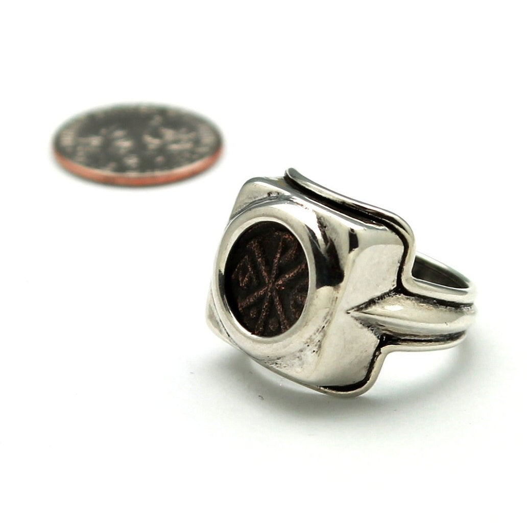 Sterling Silver Square Ring, Justinian I, 5 Nummia Ancient Coin, 7304