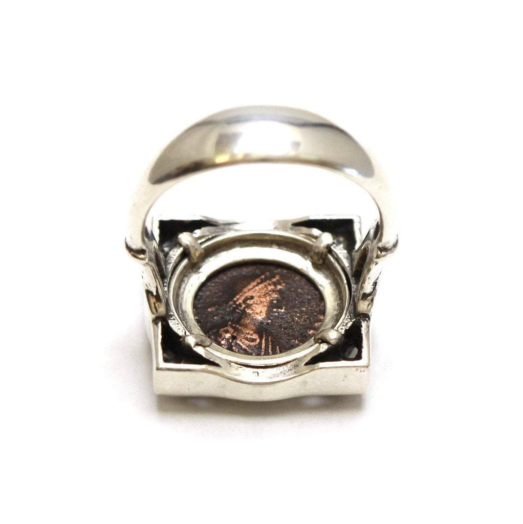 Sterling Silver Square Ring, Theodosius II, Ancient Roman Coin, 7090