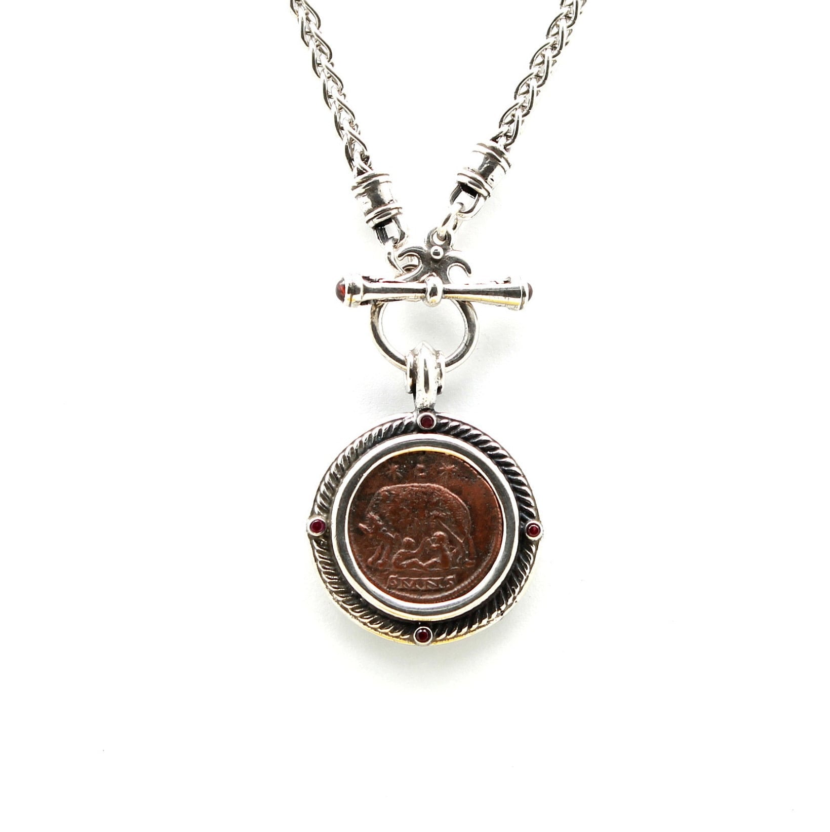 Sterling Silver Toggle Necklace, Garnet Accents, Romulus and Remus, VRBS Roma Coin, 7284