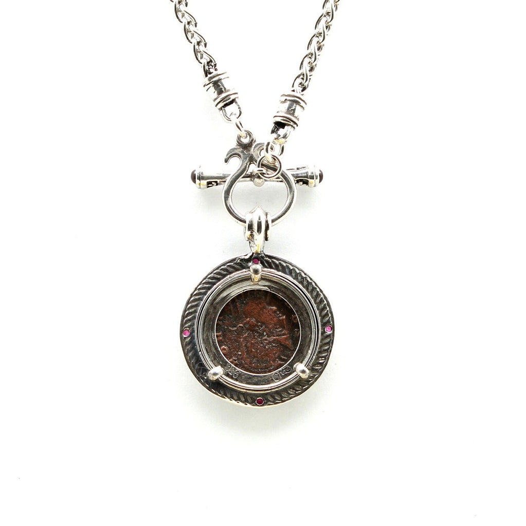 Sterling Silver Toggle Necklace, Garnet Accents, Romulus and Remus, VRBS Roma Coin, 7284