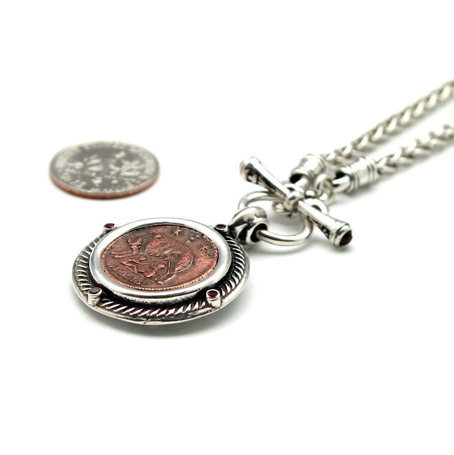 Sterling Silver Toggle Necklace, Garnet Accents, Romulus and Remus, VRBS Roma Coin, 7284