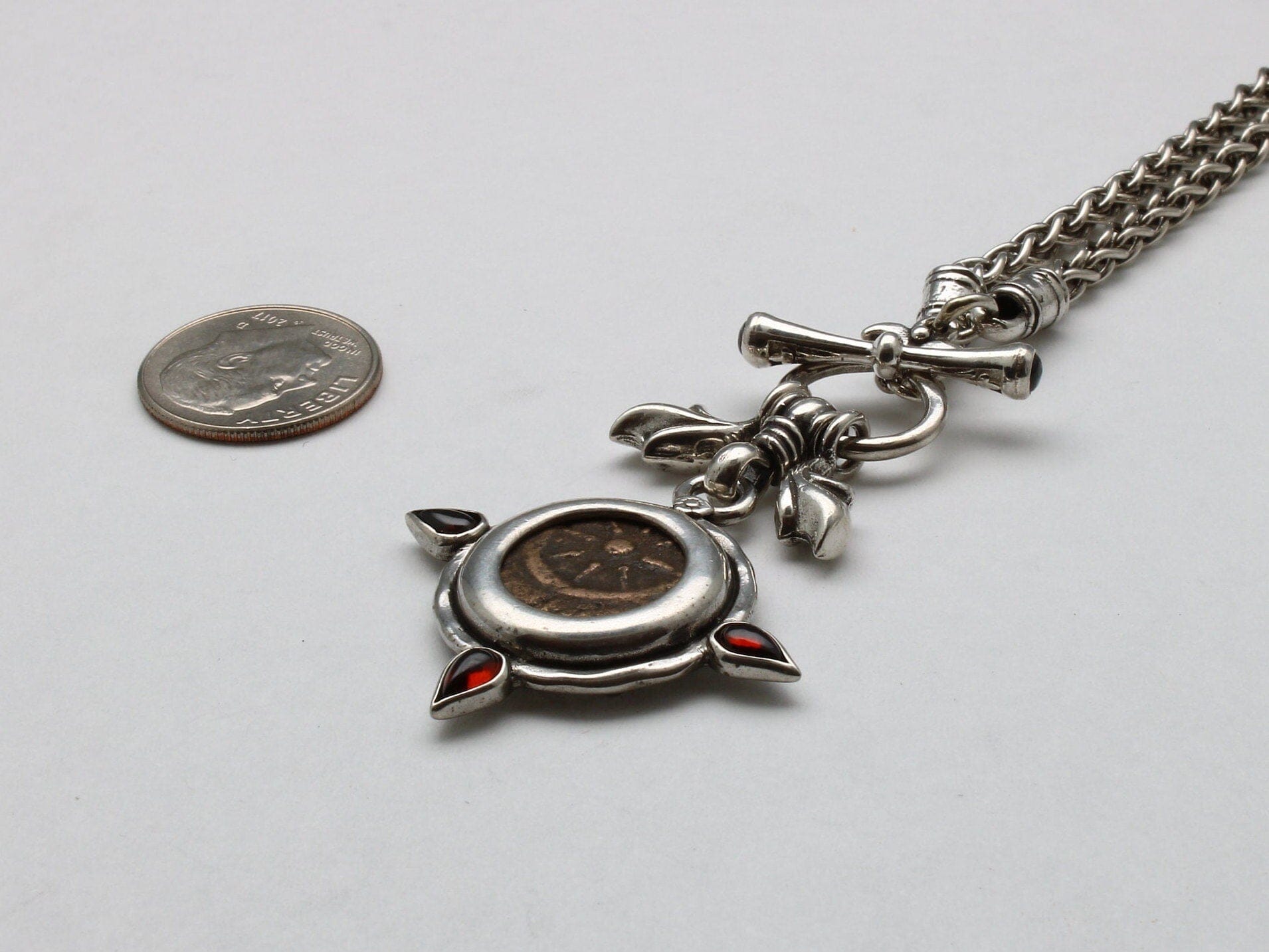 Widows Mite Prutah Coin, Silver Toggle Necklace with Garnets