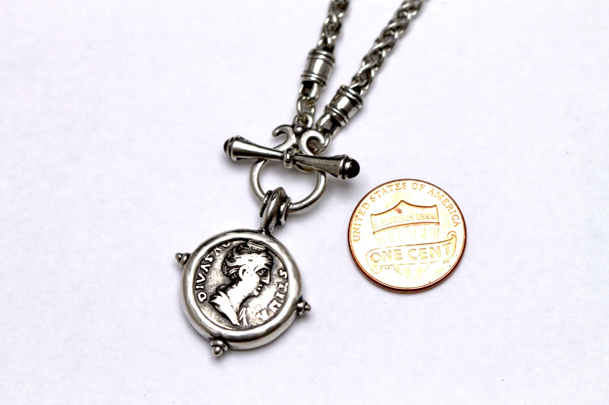 Sterling Silver Toggle Necklace, Roman Denarius, Faustina, Cert. - Erez Ancient Coin Jewelry 
