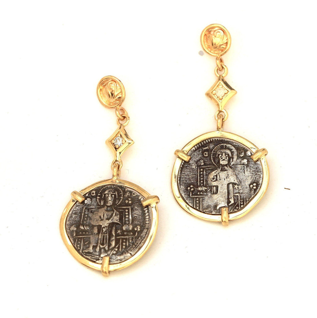 Venetian Grosso Coin Earrings, 14K Gold Post Earrings, Genuine Ancient Coin with Certificate 6321 - Erez Ancient Coin Jewelry 