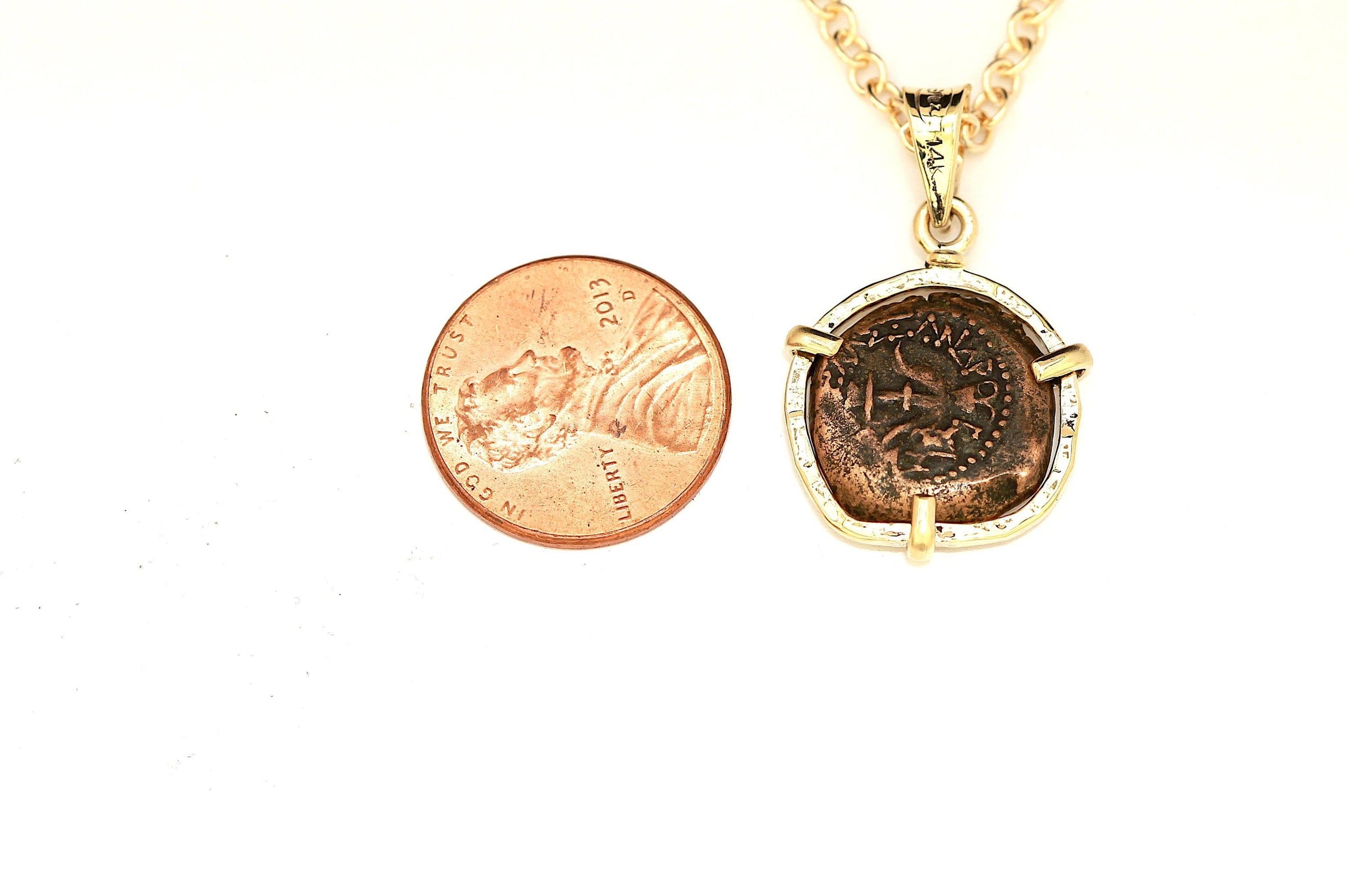 Widows Mite Coin, 14K Gold Pendant, Genuine Ancient Coin, with Certificate 6600 - Erez Ancient Coin Jewelry 