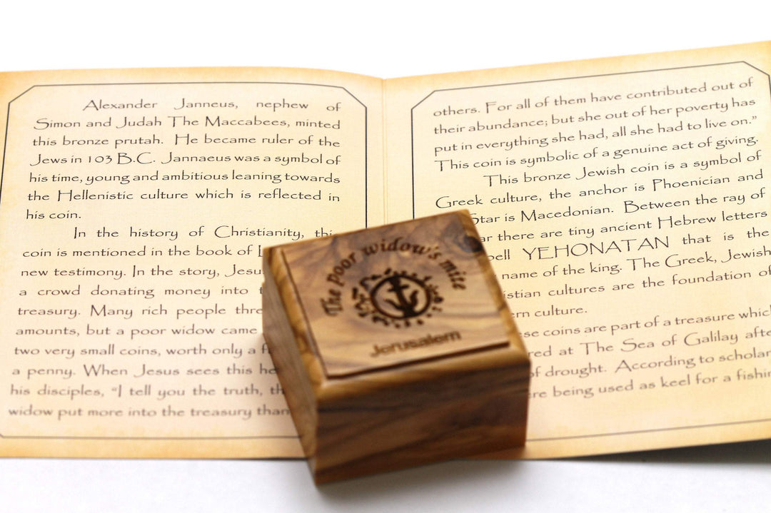 Widows Mite Coin in Olive Wood Box, Ancient Alexander Janneus Coin