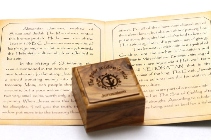 Widows Mite Coin in Olive Wood Box, Ancient Alexander Janneus Coin