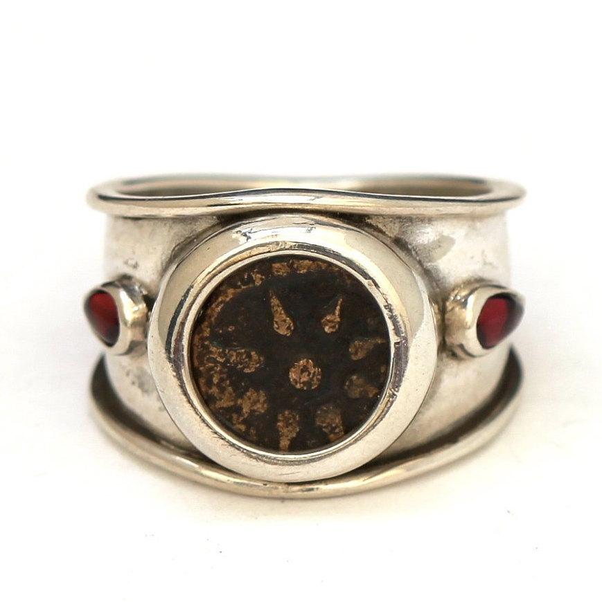 Widows Mite Coin, Silver Ring, Garnets, Genuine Ancient Coin, with Certificate 8016 - Erez Ancient Coin Jewelry 