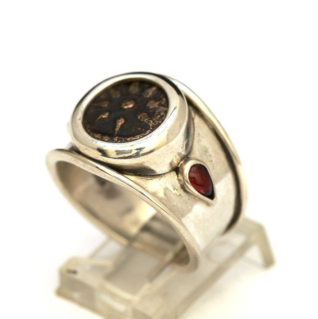 Widows Mite Coin, Silver Ring, Garnets, Genuine Ancient Coin, with Certificate 8016 - Erez Ancient Coin Jewelry 