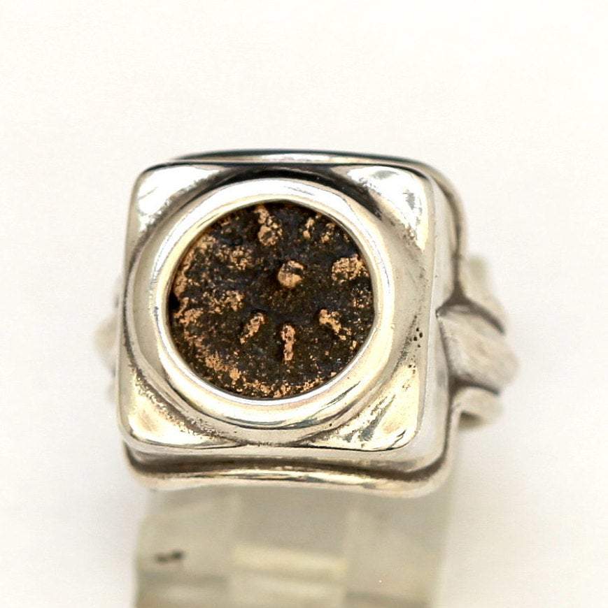 Widows Mite Coin, Square Silver Ring, Genuine Ancient Coin, with Certificate 8009 - Erez Ancient Coin Jewelry 